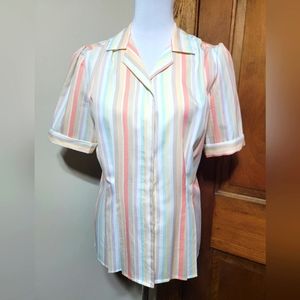 VNTG 70s Blouse Ladies Sz 14 Classic Core Ruggeri Short Sleeve Colorful Striped